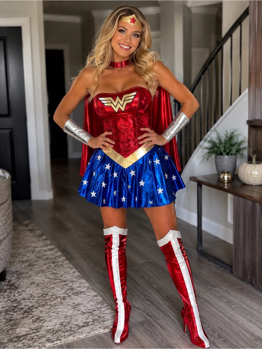Heroic Red and Blue Wonder Women's Costume Dress with Cape